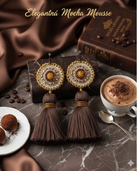 Háčkované  dizajnové náušnice "Elegantná Mocha Mousse"